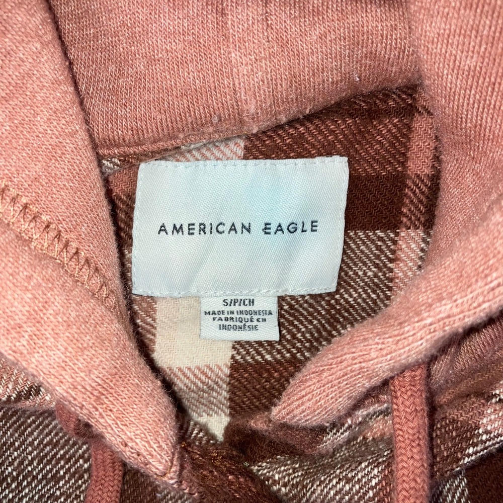 American Eagle Hooded Flannel Shirt Women Small Brown Pink Button Up Y2K Shacket - Picture 4 of 10
